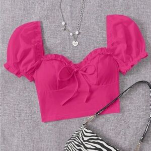 SHEIN Hot Pink Puff Sleeve Tie-Front Cropped Top